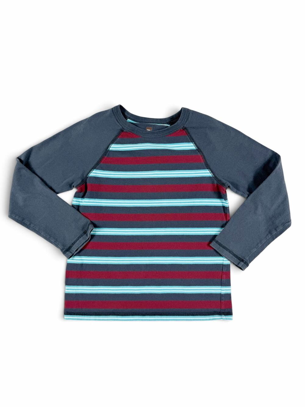 Tea Collection Boys Striped Raglan Long Sleeve Shirt Blue Burgundy Size 8